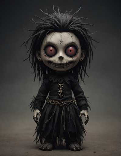 The image shows a creepy doll with black hair and red eyes standing against a dark gray background. The doll is dressed in a long black dress adorned with gold chains that drape down to the floor. The doll's face features a large nose and wide-open eyes, giving it an eerie appearance.