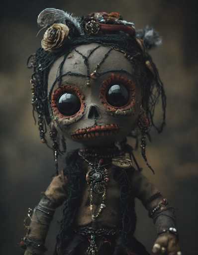 The image depicts a detailed, artistic representation of a doll with a skull-like face, characterized by large, black eyes with red rims and a small, black nose. The doll's lips are stitched together, giving it a haunting appearance. Its head is adorned with black hair interwoven with beads and a dried, brown rose. The doll is dressed in a tattered, brown shirt and a black vest, accessorized with multiple necklaces, including a prominent one with a large pendant. The arms are wrapped in cloth, and the hands are visible, adding to the eerie yet intricate design. The background is a blurred mix of brown and black hues, enhancing the focus on the doll's macabre yet captivating details.