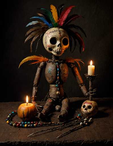 A wooden table with two dolls and a candle on it. The doll is wearing a feather headdress and has a necklace around its neck. The other doll is holding a candle.