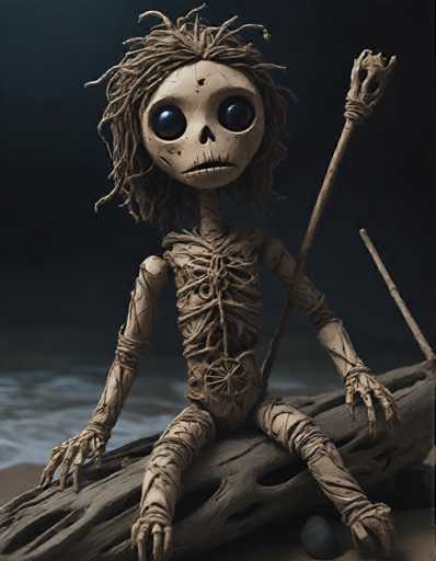 A creepy doll with long hair and a stick figure pose on a tree branch against a dark background.