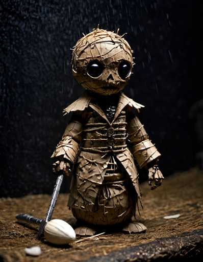 The image depicts a detailed, handcrafted doll resembling a mummy or a zombie, meticulously constructed from various shades of brown paper, giving it a textured, layered appearance. The doll's head is round, adorned with large, black eyes and a small, triangular nose, while its mouth is stitched shut, enhancing its eerie look. Its body is wrapped in brown paper, with additional paper strips crisscrossing its arms and legs, and it wears a jacket fastened with buttons. The doll stands on a brown surface, possibly dirt or grass, and holds a knife with a silver blade and a white handle in its right hand. The background is dark, with hints of rain, adding to the overall spooky atmosphere of the scene.