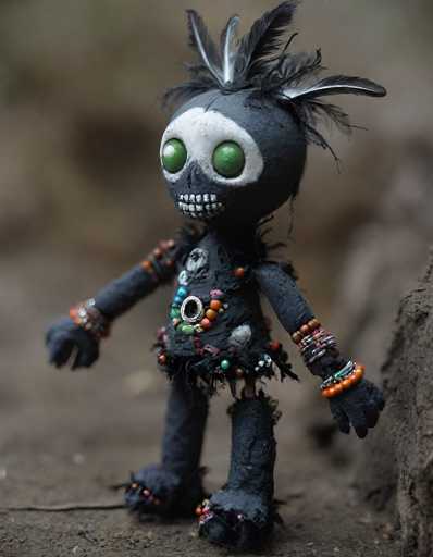 A close-up, slightly low-angle shot of a handmade, whimsical doll resembling a skeleton. The doll is primarily black and appears to be made from fabric or felt, with a textured, slightly rough finish. Its head is round and features large, green eyes that are embedded in a white, skull-like face. The doll has a small, open mouth with tiny, hand-stitched teeth. 

The body is also black and appears to be constructed from multiple layers of fabric, giving it a slightly uneven, handcrafted look. It's adorned with various colorful beads and embellishments – including orange, blue, and green – around its wrists, ankles, and chest. Feathers are attached to the top of the head, adding a whimsical touch. 

The doll is positioned on a textured, earthy surface that looks like dirt or sand. The background is softly blurred, drawing focus to the doll in the foreground. The lighting appears to be natural and soft, casting subtle shadows that highlight the texture of the doll's construction. The overall impression is one of a unique, handcrafted object with a slightly eerie yet charming aesthetic.