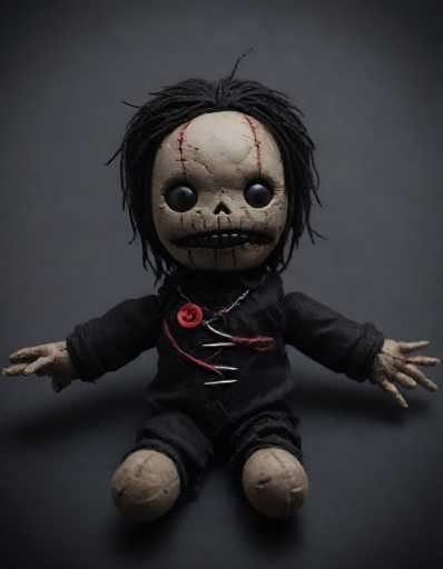 A close-up, high-angle shot of a handmade doll resembling a skeleton or zombie. The doll is seated on a dark, textured surface, possibly a table or cloth. It has a pale, cracked face with large, black, button eyes and a stitched-up mouth. The doll's body is covered in a dark, textured fabric, and it has long, black hair that appears to be made of yarn or a similar material. The doll's arms and legs are outstretched, and it has a red button on its chest with a black cross-like design. The overall lighting is dim, creating a slightly eerie atmosphere.