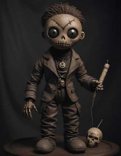A creepy doll with a skull face and a chain around its neck is standing on a wooden table against a black background. The doll has a necklace around its neck and a sword in one hand while holding a small white object in the other.