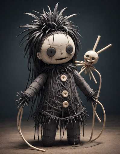 A whimsical, handmade doll-like figure with a spooky yet endearing aesthetic. The figure is primarily constructed from woven materials, resembling straw or dried plant fibers, creating a textured body. It has a pale, possibly bone-like head with large, round eyes and a stitched smile. The figure is dressed in a dark, woven garment that appears to be made of similar materials, with button-like fasteners on the chest. Long, tangled hair extends from the head, and it holds a small, skeletal hand-like appendage with a tiny skull attached. The figure's limbs are slender and slightly uneven, giving it an antique or handcrafted feel. It stands on a textured surface with a muted, dark background, enhancing the overall eerie yet charming atmosphere. The lighting is soft and focused on the figure, highlighting its details and textures.