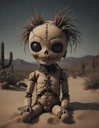 In this detailed image, we see a mummy-like doll sitting on the sandy ground of a desert. The doll, which appears to be made of clay or possibly paper mache, has a light brown, almost beige color. Its head is round with a prominent crack running down the middle, and it features large, black eyes and a stitched mouth. The hair on its head is spiky and brown, adding to its eerie appearance. The doll's body is similarly cracked and has a string tied around its neck and midsection, giving it a tattered look. Its arms and legs are thin and stick-like, with the legs bent at the knees, and it sits with its hands resting on its feet. The background reveals a desert landscape with cacti on the left side, a mountain range in the distance, and a grayish-blue sky above. The overall scene is set against a backdrop of sand, enhancing the doll's desolate and haunting presence.