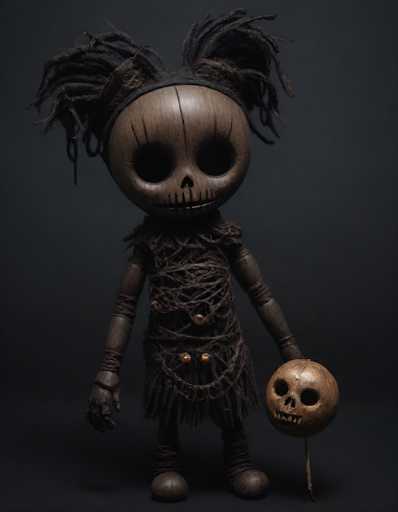 A detailed, high-quality image of a handcrafted wooden doll resembling a skeleton, with a whimsical and slightly eerie aesthetic. The doll is primarily made of dark wood, possibly a light-colored hardwood like beech or maple, and has a stylized skull-like face with large, hollow eye sockets. 

The doll is dressed in a simple, woven garment made of dark string or twine, possibly wrapped around the body and arms. It has a small, round head with dreadlock-like hair made of similar material, and the doll is holding a matching skull-shaped object in its hand. The background is a dark, muted gray or black, which emphasizes the doll's texture and details. The lighting is soft and focused on the doll, highlighting its intricate craftsmanship and creating a slightly mysterious atmosphere. The overall style is reminiscent of a handmade doll, possibly inspired by traditional folk art or Mexican Day of the Dead traditions.