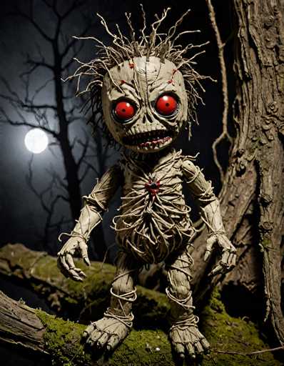A detailed, high-quality image of a creepy, handmade doll-like figure resembling a scarecrow or zombie creature. The figure is made of burlap or similar rough material, with visible stitching and a distressed texture. It has large, glowing red eyes, a wide, toothy grin, and twig-like limbs. The figure is posed as if it's standing on a mossy surface, with its arms outstretched. The background is dark and atmospheric, featuring bare tree branches silhouetted against a full moon in the distance. The overall lighting is dim, with the moonlight casting a soft glow on the figure and highlighting its eerie details. The image has a slightly vintage or handcrafted aesthetic, with a focus on texture and detail.
