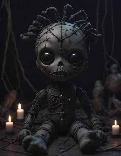 The image depicts a dark, eerie scene featuring a mummy-like doll seated on a wooden table. The doll, which appears to be made of cloth or leather, has a grayish-black hue and is intricately stitched together with visible stitches running from its head down to its feet. Its large, black eyes and hollow nose give it a haunting appearance, while its mouth is stitched shut. The doll's hair is styled in a way that resembles dreadlocks or tentacles, adding to its unsettling look. Surrounding the doll are three lit candles, casting a flickering glow that enhances the spooky atmosphere. In the background, there are more mummy dolls, though they are blurred and less distinct. The overall setting is dark, with the primary light source being the candles, creating a haunting and mysterious ambiance.