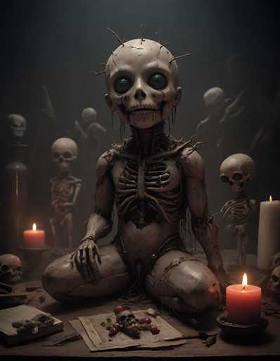 A detailed, high-quality digital painting in a dark fantasy style. The central focus is a humanoid skeleton figure seated cross-legged on a weathered wooden table, bathed in the warm glow of two lit candles. The skeleton has large, vacant eye sockets and a slightly unsettling expression. 

The figure is adorned with what appears to be bone or skeletal remnants, and its body is covered in a dark, textured material. Small skulls are scattered around the table, along with what looks like dried bones and a few red berries. 

In the background, several other skeletal figures are partially visible, creating a sense of depth and an eerie atmosphere. The overall color palette is muted, with deep shadows and highlights emphasizing the texture of the bones and the candlelight. The scene has a slightly macabre, yet strangely captivating quality, hinting at a ritualistic or mystical context. The lighting is dramatic, with the candles casting long shadows and creating an intimate, dimly lit space.