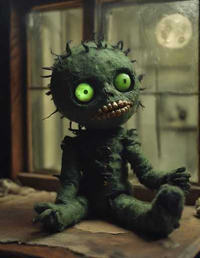 A close-up, high-angle shot of a handmade, dark green monster doll sitting on a rustic wooden surface. The doll has large, glowing green eyes and a textured, uneven body made of fabric. Its face is adorned with small, jagged teeth and a stitched-on mouth. The doll's body has various dark green fabric details, including what appears to be button-like fasteners. The background is blurred but shows a window with a slightly out-of-focus view of a moonlit night scene. The lighting is soft and atmospheric, highlighting the doll's texture and eerie expression.
