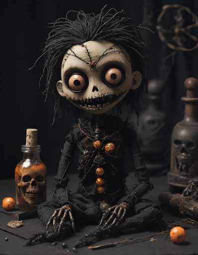 A whimsical, dark-toned still life features a small, handcrafted skeleton doll as the central figure. It sits cross-legged on a dark surface, surrounded by miniature skull-filled bottles and small orange spheres. The doll's expression is wide-eyed and slightly mischievous, with stitched details emphasizing its handmade quality. The overall style leans towards a vintage, slightly macabre aesthetic, with a focus on texture and intricate details.