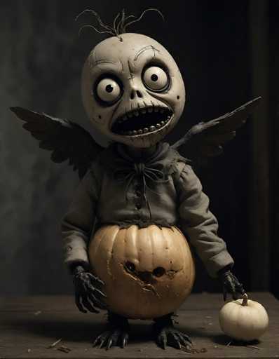 A whimsical, slightly unsettling pumpkin creature with a human-like skull face and large, wide eyes dominates the frame. It's positioned on a rustic wooden surface, holding a smaller pumpkin in one hand and a dark background with a textured, muted color palette. The art style leans towards digital illustration, emphasizing detailed textures and a slightly eerie atmosphere.