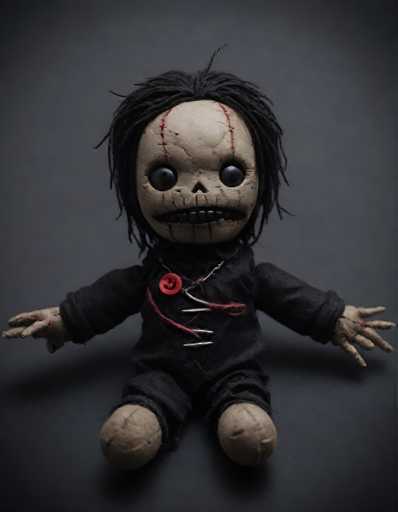 The image shows a creepy doll with black hair and red eyes sitting on its knees against a dark gray background. The doll is wearing a black outfit that includes a red collar and has a red button on its chest.