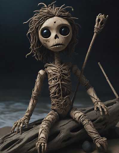 A detailed, high-quality digital painting of a small, whimsical skeleton figure sitting on a weathered driftwood log. The skeleton is made of light beige, textured material resembling dried clay or papier-mâché, with large, round black eyes and a simple, slightly cartoonish skull. The skeleton is dressed in what appears to be woven or wrapped fabric, with a slightly tattered and aged look. It has long, tangled brown hair that frames its face. 

The skeleton is positioned in a relaxed seated pose on the driftwood, with one arm resting on the log and the other holding a simple wooden staff. The background is a dark, blurred wash of deep blue-grey, suggesting a nighttime or dimly lit setting. The lighting is soft and focused on the skeleton, highlighting its texture and details. 

The overall style is reminiscent of a handmade doll or a miniature sculpture, with a slightly eerie yet charming aesthetic. The composition is simple and evocative, drawing the viewer's eye to the intricate details of the skeleton's form.