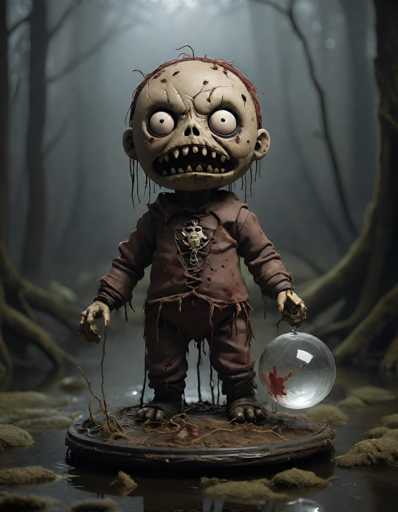 A detailed, photorealistic image of a small, decaying zombie figure standing on a mossy platform in a dark, misty forest. The zombie has a pale, cracked face with wide, bulging eyes and a gaping mouth filled with sharp teeth. It's wearing tattered brown clothing and has long, stringy hair. In its left hand, it holds a clear glass orb containing a dark, viscous liquid with a red substance inside. The zombie's right hand is outstretched, holding onto the orb as if it's a precious object. The background is blurred, suggesting depth of field and emphasizing the zombie as the focal point. The overall atmosphere is eerie and unsettling, with a focus on texture and detail to create a realistic depiction of decay.