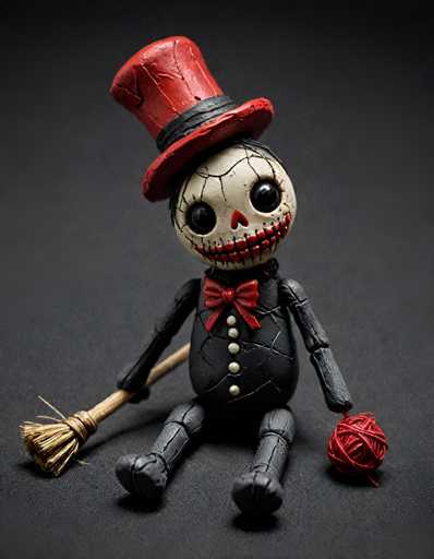 A detailed, high-quality image of a small, handcrafted doll resembling a skeleton dressed as a scarecrow. The doll is seated on a dark surface, possibly a textured fabric or wood, with a blurred background. The doll is wearing a black and red top hat, a black jacket with white buttons, and a red bow tie. It has large, round, black eyes and a stitched-on smile with a red mouth. The doll is holding a broomstick in one hand and a ball of red yarn in the other, suggesting it's tidying up. The overall lighting is soft and focused on the doll, highlighting its intricate details and texture.