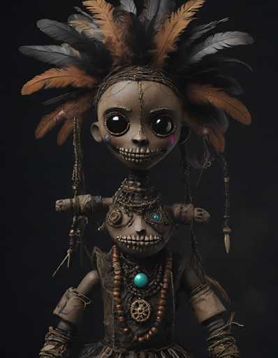 A detailed, high-quality digital painting of a whimsical, handcrafted doll. The doll is primarily made of a light brown, textured material resembling aged clay or wood, with visible stitching and detailing. It has a large, expressive head with wide, black, googly eyes that give it a slightly unsettling yet endearing look. The doll's face is adorned with intricate details, including a stitched-on skull-like mouth and small, colorful accents around the eyes. 

The doll's hair is a wild, voluminous arrangement of dark brown and orange feathers, creating a dramatic headdress. It wears multiple necklaces made of beads, bone-like elements, and turquoise stones, adding to its unique character. The doll's body is also textured and appears to be partially assembled, with visible joints and straps. 

The background is a deep, dark gray or black, which emphasizes the doll's intricate details and creates a sense of mystery. The lighting is soft and focused, highlighting the doll's features and textures without casting harsh shadows. The overall style is fantastical and slightly macabre, with a touch of whimsy and craftsmanship.
