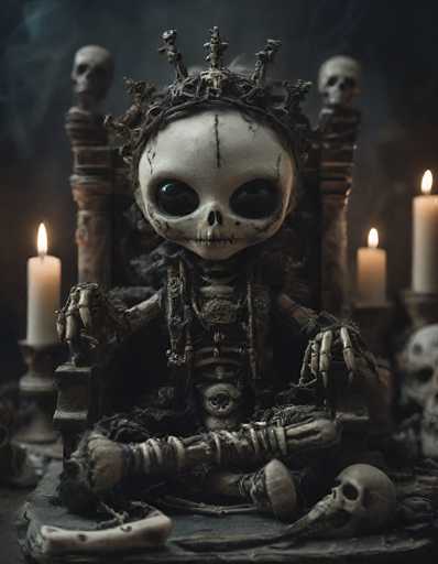 The image depicts a haunting scene centered around a small skeleton seated on a throne-like chair. The skeleton, with its large, black eyes and hollow nose, is adorned with a crown made of twigs and leaves, giving it a regal yet eerie appearance. Its long, bony fingers rest on the armrests of the chair, which is flanked by two skulls perched on the top corners. The chair itself is draped in tattered, black fabric, adding to the overall dark and somber atmosphere.

The skeleton's body is visible, showcasing its ribcage and pelvis, with its legs crossed in a meditative pose. Surrounding the throne are three lit candles: one on the left, one on the right, and a larger one in the background, casting flickering shadows that enhance the spooky ambiance. The entire scene is set against a backdrop of darkness, with a hint of smoke rising from the candles, creating an otherworldly and mysterious environment.