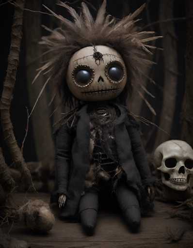 A detailed, high-quality image of a handmade Day of the Dead doll. The doll is seated on a rustic wooden surface, surrounded by dried foliage and a small skull. It has a large, expressive skull face with large, round eyes, stitched-on teeth, and a feather headdress. The doll is dressed in a dark, tattered outfit with a black coat and pants. The overall lighting is dim and atmospheric, creating a spooky yet whimsical mood.