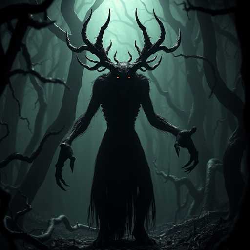 A monstrous, shadowy Wendigo dominates a dark forest. Its skeletal form is crowned with gnarled antlers, glowing red eyes pierce the gloom, and long, clawed hands reach out. Twisted trees writhe in a silent, eerie dance, the scene steeped in a chilling, otherworldly atmosphere. The art style is dark fantasy, emphasizing a sense of dread and primal horror.