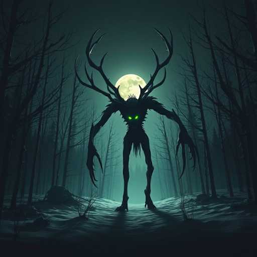 A terrifying Wendigo stands in a snow-covered forest under a full moon. The creature has long, spindly limbs and antlers, with glowing green eyes that pierce the darkness. Dark, ominous lighting creates a haunting atmosphere, emphasizing the eerie and chilling nature of this fantastical creature. The art style is highly detailed and atmospheric, evoking a sense of dread and isolation.
