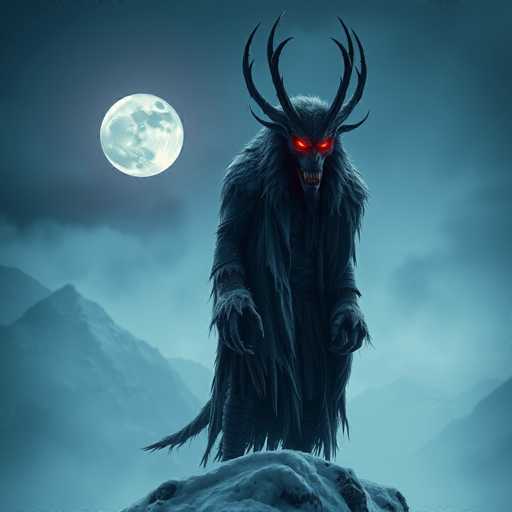 The image depicts a menacing, mythical creature with a distinctly eerie appearance. The creature's body is covered in dark fur, giving it a wild and untamed look. Its eyes are glowing red, adding to its sinister aura, and its mouth is open wide, revealing sharp teeth. The creature's hands are long and claw-like, ending in four fingers each, which contribute to its threatening presence. It stands on a rocky outcrop, with its long, furry tail extending behind it. The background features a full moon, casting an eerie light over the scene, and the sky is filled with dark, ominous clouds. In the distance, a mountain range can be seen, adding to the overall sense of isolation and foreboding. The creature's head is adorned with large, curved antlers that resemble those of a deer but are much more exaggerated and imposing. The entire scene is shrouded in a bluish tint, enhancing the otherworldly and chilling atmosphere.