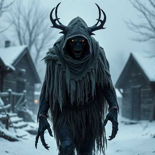 In this eerie, AI-generated image, a menacing creature stands ominously in the foreground of a snowy village. The creature, with its glowing orange eyes and sharp, menacing teeth, exudes an aura of malevolence. Its long, claw-like fingers and antler-like horns protruding from its head add to its nightmarish appearance. The creature is clad in a tattered, gray hooded cloak that drapes over its body, with tattered fabric hanging from its waist, giving it a ghostly and decayed look. The background features a snow-covered village with wooden houses, their roofs blanketed in white. Bare trees and a gray, overcast sky contribute to the bleak and chilling atmosphere. The creature's glowing eyes seem to pierce through the image, creating a sense of dread and foreboding.