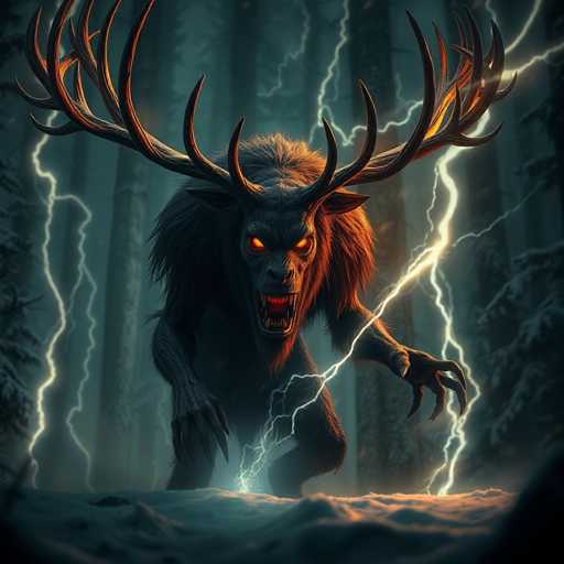 The image depicts a menacing creature with glowing orange eyes and sharp, fang-like teeth, standing in a snowy forest. The creature, resembling a wolf or bear, has large, antler-like horns that curve upwards and outwards, with some branches extending to the sides. Its fur is a mix of brown and gray, with a particularly furry head and shoulders. The creature's left hand is raised, while its right hand rests on the ground. Surrounding the creature are multiple lightning bolts, with one bolt striking the ground near its right hand. The background features tall, snow-covered trees, adding to the eerie atmosphere of the scene.