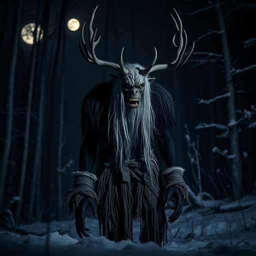In this eerie, dark scene, a menacing creature stands in the middle of a snowy forest. The background is filled with tall, thin trees, their branches bare and dusted with snow. Two full moons hang in the sky, casting an unsettling glow over the landscape. The ground is covered in a thick layer of snow, adding to the chilling atmosphere.

The creature itself is a nightmarish figure, reminiscent of a gargoyle or a monstrous troll. It has a gray face with sharp, yellow teeth and menacing yellow eyes. Its head is adorned with large, curved antlers that branch out like tree limbs. The creature's body is covered in long, shaggy fur, with a dark blue hue on its arms and legs. Its hands are long and claw-like, wrapped in what appears to be rope or twine.

Around its waist, the creature wears a skirt made of long, stringy strands of fabric, adding to its primitive yet terrifying appearance. The overall image is a haunting blend of fantasy and horror, capturing a moment of frozen dread in a snowy woodland.