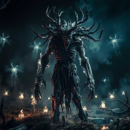 The image depicts a menacing, skeletal creature standing in a dark, eerie forest. The creature's body is composed of a mix of bones and tree-like elements, with its arms resembling branches and its legs appearing as gnarled roots. Its chest reveals a ribcage, and its head is adorned with large, antler-like horns that curve outward and inward. The creature's face is a grotesque mask with sharp, jagged teeth, giving it a terrifying appearance. Surrounding the creature are numerous glowing lanterns and candles, casting an ominous light on the scene. In the background, there are faint, ghostly figures that add to the supernatural atmosphere. The ground is littered with rocks, sticks, and patches of grass, enhancing the overall sense of desolation and dread.