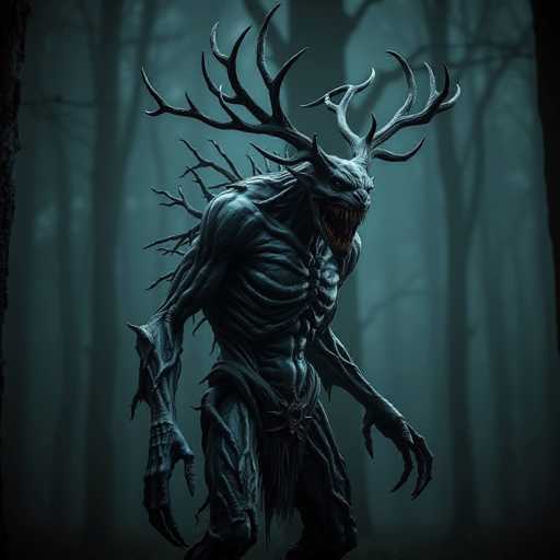 The image depicts a menacing, demonic creature standing in a dark, foggy forest. The creature has a skeletal, humanoid body with a bluish-gray hue, and its skin appears to be made of twisted tree branches. Its face is grotesque, featuring a large, gaping mouth filled with sharp, jagged teeth, and it has small, beady eyes. The creature's head is adorned with large, antler-like branches that extend outward, adding to its fearsome appearance. Its long, clawed arms dangle menacingly by its sides, and its legs are equally muscular and imposing. The background is a dense forest of tall, leafless trees, shrouded in darkness and fog, which enhances the eerie and sinister atmosphere of the scene.