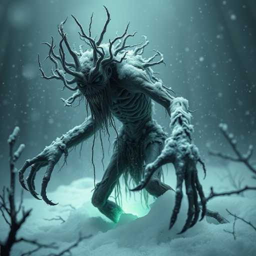The image depicts a menacing, humanoid creature with a skeletal appearance, standing in a snowy landscape. The creature's body is covered in snow, accentuating its eerie presence. It has a long, pointed nose and sharp, menacing teeth, with eyes that glow an unsettling blue. Its head is adorned with numerous branches or tentacle-like appendages, resembling tree branches, which add to its otherworldly appearance. The creature's hands are elongated with long, claw-like fingers, and its arms are covered in hair. The background is a dark, snowy forest, with bare trees and branches visible, creating a foreboding atmosphere. The creature stands on a pile of snow, with a green light emanating from beneath it, adding an additional layer of mystery and unease to the scene.