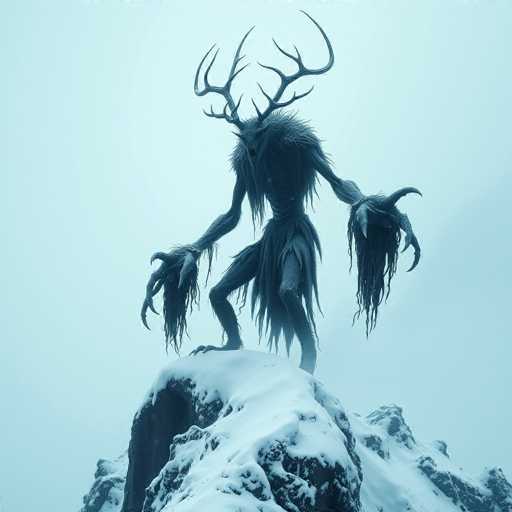 A large, dark figure with antlers stands on a rocky outcropping against the backdrop of a cloudy sky and snow-covered mountains. The figure is dressed in a long robe and has their arms raised high above their head.