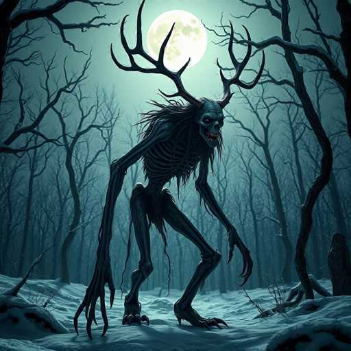 In this eerie, computer-generated image, a monstrous creature stands ominously in a snowy, leafless forest under a full moon. The creature, resembling a skeletal humanoid, has a bony frame with long, thin arms ending in claw-like fingers. Its head is adorned with large, antler-like horns that curve outward and upward, and it has a menacing face with sharp teeth and glowing eyes. The creature's body is covered in patches of long, shaggy fur, particularly around its head and shoulders. It stands on two legs, each foot equipped with four long, sharp claws. The background is a dark, foggy forest with bare trees, their branches reaching out like skeletal fingers against the night sky. The full moon casts a dim light, enhancing the overall spooky and unsettling atmosphere of the scene.