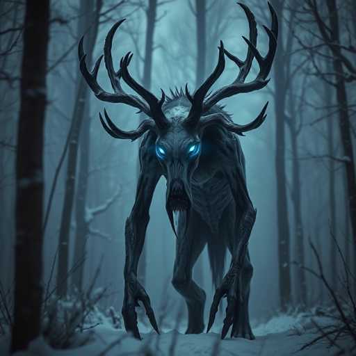 The image depicts a dark, eerie forest scene with a snow-covered ground and tall, leafless trees that create a haunting atmosphere. At the center of the image stands a monstrous creature, reminiscent of a blend between a wolf, a deer, and a human. This creature has glowing blue eyes and a gaping mouth filled with sharp teeth, giving it a menacing appearance. Its body is covered in fur, and it possesses long, spiky antlers that extend from its head. The creature's arms are elongated with long, pointed fingers, and its legs are slightly bent, adding to its unsettling stance. The overall color palette of the image is dominated by shades of gray, blue, and black, enhancing the cold and ominous mood of the scene.