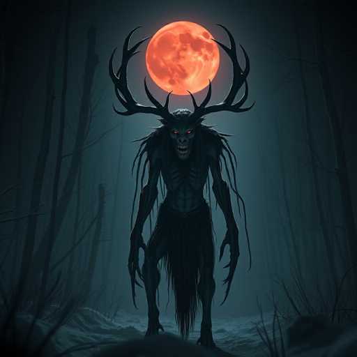 The image depicts a menacing, skeletal creature with glowing red eyes and sharp, jagged teeth, standing in a dark, foggy forest. The creature, which has a humanoid form with long, claw-like arms and legs, is adorned with a skirt-like covering of long hair and sports enormous antlers that extend from its head to the ground. Its body is covered in shaggy hair, and its long, pointed fingers add to its sinister appearance. The creature's glowing red eyes and sharp teeth give it a terrifying look as it stands amidst the tall, leafless trees of the forest. Above the creature, a large, blood-red moon casts an eerie glow, enhancing the overall spooky and dark atmosphere of the scene.