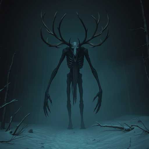 A chilling, skeletal Wendigo stands in a snow-covered forest, shrouded in an eerie mist. Its long, spindly limbs and antler-like bone structure create a monstrous silhouette. The scene is dark and foreboding, with stark shadows emphasizing the creature's unsettling presence. The art style is atmospheric and dreamlike, evoking a sense of primal fear.