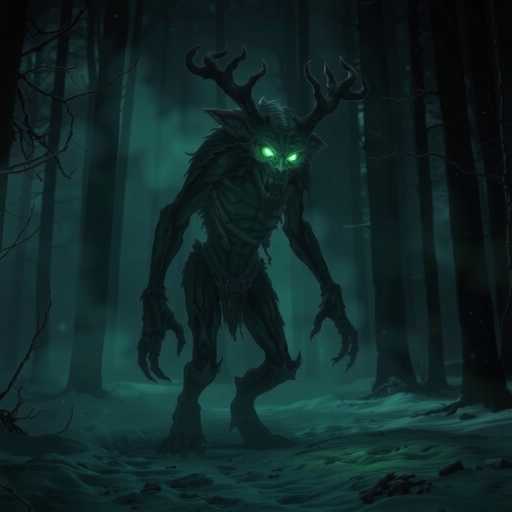The image depicts a dark, eerie forest scene with a mysterious creature at its center. The creature has glowing green eyes and antlers, giving it a mythical appearance. Its body is covered in fur, and it stands on two legs with long, clawed fingers. The forest is dense with tall trees, and the ground appears to be covered in snow, adding to the cold and foreboding atmosphere. The overall color palette is dominated by shades of green, black, and gray, enhancing the sense of mystery and unease. This haunting illustration captures a moment of tension and intrigue in a dark, enchanted woodland setting.