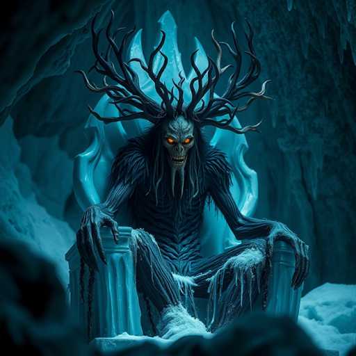 The image depicts a menacing, humanoid creature with a skeletal appearance, seated on a throne-like chair made of ice. The creature's face is skull-like, with piercing orange eyes and a long, pointed nose. Its mouth is open, revealing sharp teeth, and it has a long, pointed chin. The creature's body is covered in dark fur, and its extremely long, claw-like fingers rest on the armrests of the chair. The chair itself is intricately designed, with a pointed top and a base resembling a column. The background is a dark, cavernous space filled with ice and snow, enhancing the eerie atmosphere. The overall color palette is dominated by shades of blue, black, and gray, with the creature's glowing orange eyes providing a stark contrast. The scene is reminiscent of a fantastical, horror-themed setting, possibly from a video game or animated movie.