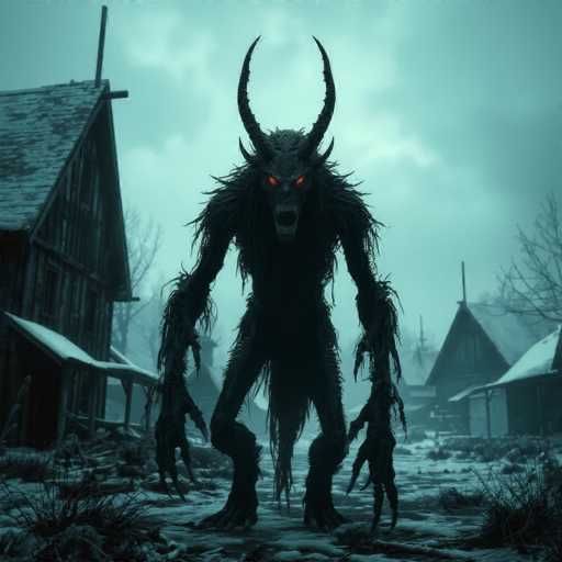 In this eerie and detailed scene, a menacing creature dominates the center of a snowy, rural landscape. The creature, with its long, skinny arms and legs, is cloaked in dark fur that appears to be a mix of black and gray. Its face is particularly frightening, featuring a gaping mouth filled with sharp teeth and glowing orange eyes that pierce through the gloom. Two large, curved horns protrude from its head, adding to its demonic appearance. The creature's hands are long and claw-like, with fingers that seem to be covered in fur.

The setting is a desolate, snow-covered village, with wooden buildings on either side of the creature. The structures, which resemble barns or cabins, are dark brown and gray, with snow blanketing their roofs and the ground. The sky above is a mix of dark gray and light blue, with clouds that enhance the ominous atmosphere. The overall color palette of the image is muted, dominated by shades of gray, black, and blue, which further amplifies the chilling mood of the scene.