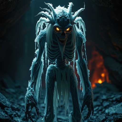 The image depicts a menacing skeletal figure with a skull-like face, glowing yellow eyes, and a gaping mouth filled with sharp teeth. The creature's elongated, bony fingers add to its sinister appearance. It is adorned with a white, tattered cloth that drapes from its waist down to its knees, resembling a skirt. The skeletal being has long, white hair cascading from its head, which is crowned with a helmet-like structure. Its arms are covered in what appears to be white fur or cloth, extending from the shoulders to the wrists. The creature stands in a cave-like environment, with a dark background illuminated by fiery lights in the distance. The ground beneath it is strewn with gray rocks, enhancing the eerie atmosphere of the scene.