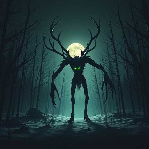 The image depicts a large, green-eyed monster with horns standing on a snowy path surrounded by trees and bushes in the middle of a forest at night. The monster is facing towards the right side of the image, creating an eerie atmosphere.