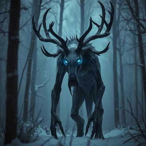 A dark figure with large antlers and glowing blue eyes is walking through a forest of bare trees on a snowy day.