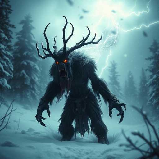 In this captivating digital artwork, a menacing creature stands amidst a snowy forest, its glowing orange eyes piercing through the darkness. The creature, with its long, sharp claws and a mouth filled with razor-sharp teeth, exudes an aura of danger. Its body is covered in dark fur, and it wears a skirt-like garment made of fur. The creature's head is adorned with large, antler-like branches that extend outward, adding to its fearsome appearance. The background features a dark, stormy sky illuminated by a vivid lightning bolt striking behind the creature. Snow-covered pine trees and a blanket of snow on the ground enhance the eerie, wintry atmosphere of the scene.