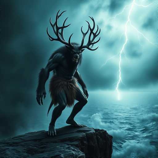The image depicts a mythical creature, possibly a minotaur or a gargoyle, standing on a rocky outcrop by the ocean. The creature has a muscular, dark gray body with a furry texture, and it is adorned with large, intricate antlers that branch out in multiple directions. Its face is menacing, with sharp teeth bared in a snarl, and it has a long tail. The creature is wearing a loincloth made of fur, adding to its primitive appearance. The background features a dark, stormy sky with ominous clouds, and a vivid lightning bolt striking the water, illuminating the scene. The overall atmosphere is eerie and foreboding, with the creature appearing to be the guardian of this tumultuous seascape.