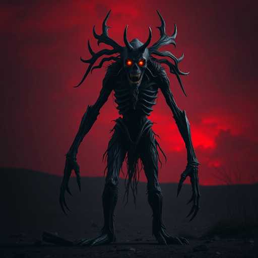 This image depicts a menacing, skeletal creature with a demonic appearance. The creature's head is adorned with two prominent horns, and its eyes glow with an eerie orange light. Its mouth is filled with sharp, jagged teeth, adding to its terrifying visage. The creature's long, skeletal arms end in hands with elongated, pointed fingers, while its legs are equally thin and bony. The lower part of its body is covered in tattered, stringy material, giving it a ragged appearance. The creature stands on a dark, barren landscape, with a ominous red sky looming in the background, enhancing the overall sense of dread and otherworldliness.