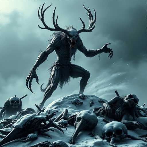 The image depicts a menacing, mythical creature standing atop a snow-covered mound. The creature's body is covered in shaggy fur, and it has long, clawed arms that end in four fingers each. Its face is particularly frightening, featuring a gaping mouth filled with sharp teeth and glowing red eyes. The creature's head is adorned with large, antler-like horns that curve outward and then inward, adding to its fearsome appearance. 

Surrounding the creature are numerous skulls, some of which are partially buried in the snow, with bones scattered around them. The sky above is dark and cloudy, contributing to the eerie atmosphere. In the background, other similar creatures can be seen, adding to the sense of a populated, yet sinister, environment. The overall scene is both chilling and captivating, evoking a sense of ancient, dark mythology.