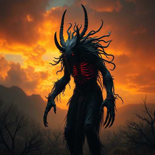 This image depicts a menacing, demonic creature set against a dramatic sunset backdrop. The sky is filled with dark, ominous clouds, tinged with hues of orange and yellow, suggesting a fiery sunset. In the foreground, leafless trees stand starkly against the dim light, adding to the eerie atmosphere.

The creature itself is a nightmarish figure, with a body that appears to be made of twisted, black branches. Its glowing red eyes pierce through the darkness, and its chest reveals a pair of glowing red ribs, as if its heart is ablaze. The creature's long, claw-like fingers and feet add to its terrifying appearance. Its head is adorned with multiple horns—two large ones on the sides and two prominent ones in the center—along with writhing, tentacle-like appendages that enhance its demonic visage. The overall effect is chilling and otherworldly, perfectly capturing the essence of evil in a single, haunting image.