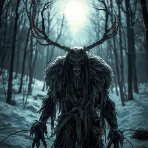 The image depicts a computer-generated, monstrous creature standing in a snowy, leafless forest. The creature, which appears to be a hybrid between a wolf and a human, has a menacing face with sharp teeth and a long nose. Its body is covered in dark gray fur, and it has large, branch-like antlers extending from its head. The creature's hands are long and claw-like, adding to its terrifying appearance. The background features a bright, full moon casting a yellowish light over the scene, enhancing the eerie atmosphere. The creature stands on all fours, with its head slightly tilted to the right, and looks directly at the viewer, creating a sense of dread.